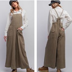 Cotton Boho Wide Leg Overalls Faded Olive Front And Back Pockets Square Neck Wide Leg Soft Textured Washed Cotton 100% Cotton Back Tie Adjustable Strap Relaxed Fit Brand New With Tags Direct From Easel Easel Is Sold At Anthropologie And Is Similar In Style And Quality To Free People. Small Waist Measures 16" Across Medium Waist Measures 17" Across Large Waist Measures 18" Across Inseam Is 27" Khaki Cotton Jumpsuits And Rompers For Fall, Fall Sleeveless Relaxed Fit Jumpsuits And Rompers, Khaki Overalls With Pockets For Fall, Fall Khaki Overalls With Pockets, Khaki Overalls For Fall, Khaki Fall Overalls, Fall Season Khaki Overalls, Fall Wide Leg Jumpsuits And Rompers With Pockets, Fall Wide-leg Jumpsuits And Rompers With Pockets