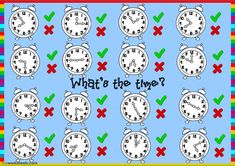 what's the time? with different clocks and tickes on blue background,