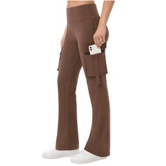 Introducing our Women's High Waist Bootcut Pants with Thigh Pocket, featuring a cargo style design that combines functionality and style. These solid and stretchy sport pants are perfect for everyday wear and athletic activities. Crafted from 80% polyester and 20% spandex, these pants offer a comfortable and flexible fit. Available in three versatile colors: Black, Army Green, and Brown, these bootcut athletic pants cater to a variety of preferences. The sizes range from S=4-6, M=8-10, L=12-14, Stretch Brown Cargo Pants With Pockets, Stretch Brown Cargo Pants With Cargo Pockets, Brown Fitted Utility Pants, Fitted Brown Utility Cargo Pants, Brown Fitted Utility Cargo Pants, Fitted Pants With Multiple Pockets For Fall, Trendy Fitted Brown Cargo Pants, Fitted Cargo Pants With Side Pockets For Fall, Fitted Brown Cargo Pants With Pockets