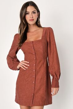 The Lulus Posh Promise Brown Corduroy Long Sleeve Button-Up Mini Dress has plenty of styling potential for a season full of perfect autumn ensembles! Sturdy corduroy shapes this retro-inspired dress that features a princess-seamed bodice, a trendy square neckline, and long, balloon-style sleeves with button cuffs. A functional button placket continues through the fitted waist and down the front of the figure-skimming, A-line mini skirt. Fit: This garment fits true to size. Length: Mid-thigh. Siz Retro Inspired Dress, Button Outfit, Casual Wear Women, Lulu Fashion, Off Shoulder Fashion, Square Neck Dress, A Line Mini Skirt, Corduroy Dress, Brown Corduroy