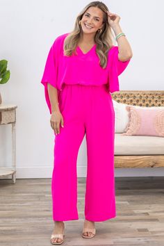 Product Details Colors: Hot Pink Print: Solid Neckline: V-Neck Sleeve: Short Sleeve Hemline: Straight Brand: Jodifl Material and Care 95% Polyester 5% Spandex Hand Wash Cold Hang/Line Dry Size and Fit Small: Bust 34" Waist 28" Length 56" Rise 13" Inseam 28.5" Medium: Bust " Waist 30" Length 57" Rise 14" Inseam 28.5" Large: Bust " Waist 32" Length 58" Rise 14" Inseam 28.5" Photo model is 5'7 and wearing a size small Video model is 5’8 and wearing size small Stretch V-neck Jumpsuits And Rompers For Loungewear, Chic V-neck Stretch Jumpsuits And Rompers, Casual Pink V-neck Jumpsuits And Rompers, Pink V-neck Jumpsuits For Work, Spring V-neck Jumpsuits And Rompers For Loungewear, Pink V-neck Jumpsuit For Loungewear, Hot Pink Print, Farmers Tan, Concert Looks