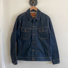 Worn Only Once! This Jacket Is In Prime Condition. Handmade In California, 100% Cotton Indigo Denim Jacket With Patch Pockets For Fall, Dark Wash Outerwear With Patch Pockets For Everyday, Everyday Dark Wash Outerwear With Patch Pockets, Denim Blue Cotton Outerwear With Double-needle Stitching, Denim Blue Outerwear With Flap Pockets For Everyday, Spring Denim Outerwear With Selvedge Detail, Fall Indigo Denim Jacket With Pockets, Casual Winter Denim Jacket With Contrast Stitching, Casual Denim Jacket With Contrast Stitching For Winter