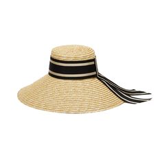 Natural straw UPF 50+ protection wide-brim sunhat with black/beige striped ribbon band and tails. 6.75" X 4" X 6.25" SKU: 21015-04324 Chic Boater Hat With Ribbon For Beach, Striped Straw Hat For Summer Vacation, Striped Wide Brim Straw Sun Hat, Striped Wide Brim Straw Hat For Beach, Chic Sun Hat With Ribbon For Kentucky Derby, Vacation Brimmed Boater Hat With Ribbon, Brimmed Boater Hat With Ribbon For Vacation, Adjustable Striped Brimmed Straw Hat, Striped Brimmed Straw Hat For Vacation