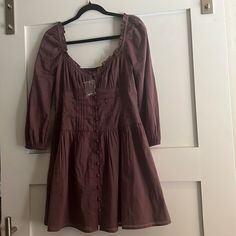 Never Worn. Beautiful Tight On Waist And Flows Out. Comes With Extra Buttons Cotton Long Sleeve Mini Dress For Date Night, Cotton Mini Dress With 3/4 Sleeves, Cotton Dress With 3/4 Sleeve For Day Out, 3/4 Sleeve Cotton Dresses For Brunch, Cotton Dresses With 3/4 Sleeve For Brunch, Cotton Dress With 3/4 Sleeve For Brunch, Corset Purple, Purple Dress, Color Purple