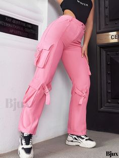 Bjux - Womens Pink Cargo Pants with Flap Pockets, Y2K & Kpop Style Loose Fit Straight-Leg Jeans - Trendy Denim Apparel Casual Pink Cargo Jeans With Multiple Pockets, Pink High-waist Cargo Jeans With Pockets, Pink High Waist Cargo Jeans, High Waist Pink Cargo Jeans With Side Pockets, Trendy Pink Pants With Pockets, Pink Streetwear Bottoms With Cargo Pockets, Pink Cargo Bottoms For Streetwear, Casual Pink Cargo Jeans With Pockets, Casual Pink Cargo Jeans With Side Pockets