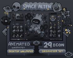 an animated desktop computer screen with space alien stickers on the front and back side