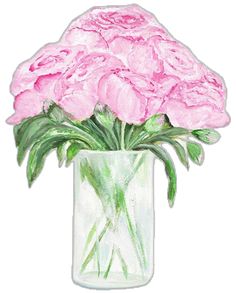 a drawing of pink flowers in a vase on a white background with watercolors