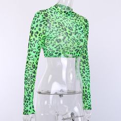 Material: Polyester Material: Spandex Clothing Length: Short Gender: Women Decoration: None Fabric Type: Broadcloth Pattern Type: Leopard Sleeve Length(cm): Full Model Number: 90406 Sleeve Style: REGULAR Collar: Mandarin Collar Style: Sexy & Club color: NeonGreen season: Autumn,Winter style: Fashion ,Streetwear,Casual Fabric: mesh Green Mesh Casual Top, Trendy Green Long Sleeve Mesh Top, Spring Club Crop Top With Stretch, Casual Green Sheer Mesh Top, Sheer Stretch Crop Top For Spring, Fitted Mesh Crop Top For Spring, Fitted Green Mesh Top For Summer, Green Sheer Mesh Top For Summer, Sheer Green Mesh Top For Summer