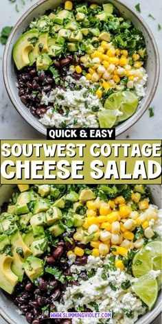 southwest cottage cheese salad with avocado, corn and black beans in a bowl