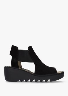 Biga Black Suede Wedge Sandals Fly Logo, Low Heel Wedges, Womens Sandals Wedges, Fly London, Suede Wedges, Shoe Closet, Womens Wedges, Street Style Outfit, Embossed Logo