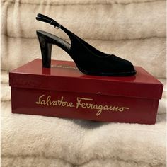 Gorgeous Ferragamo Heels. These Are Worn Once And In Box. Beautiful Ferragamo Peep-Toes With Strap In Black Suede Calf With Patent Leather Accents And Heels. Size 9c. We Are Cleaning Out The Closets All Of Our Never Used Designer Items. Items From Professional Couple In A Non Smoking Non Pet Home. Any Questions Please Feel Free To Message Us. Thanks !!! Elegant Black Suede Slingback Pumps, Fitted Black Slingback Pumps With Removable Insole, Formal Heels With Suede Lining, Classic Black Slingback Pumps With Open Heel, Designer Black Closed Toe Slingback Pumps, Designer Black Slingback Pumps With Closed Toe, Black Almond Toe Slingback Pumps With Leather Sole, Fitted Black Slingback Pumps With Almond Toe, Elegant Black Slingback Pumps With Leather Sole