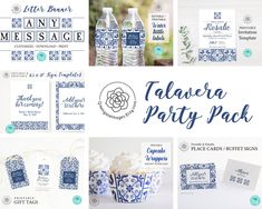 blue and white party package with water bottles, cupcakes, napkins, and other items