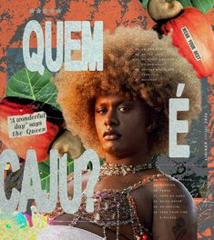 a woman with an afro standing in front of fruit and vegetables on the cover of a magazine