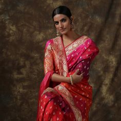 Pink Handwoven Pure Katan Silk Kadwa Banarasi Rangkat Saree - Khinkhwab Rangkat Saree, Handloom Weaving, Indian Patterns, Gold Brocade, Plain Blouse, Indian Textiles, Katan Silk, Purple Blouse, Silk Yarn