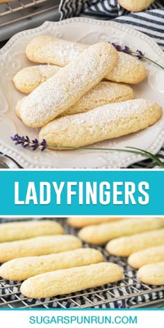 lavender shortbreads on a white plate with the words ladyfingerers above them