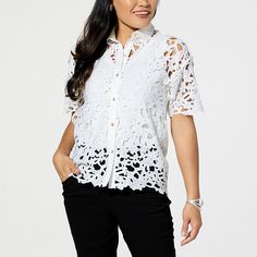 WynneCollection Abstract Floral Lace Top Top off any outfit with fresh spring vibes. Paired with skinny jeans, a cami and your favorite jewelry, this short-sleeve, button-down woven crochet lace shirt completes your look. Feminine Spring Blouse With Stretch, Feminine Stretch Blouse For Spring, Stretch Blouse For Spring Vacation, White Stretch Feminine Blouse, Feminine White Stretch Blouse, Spring Stretch Blouse, White Stretch Blouse For Daywear, Spring Daywear Stretch Blouse, White Blouse For Spring Vacation