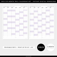 the printable wall calendar is shown in two different colors, including purple and white