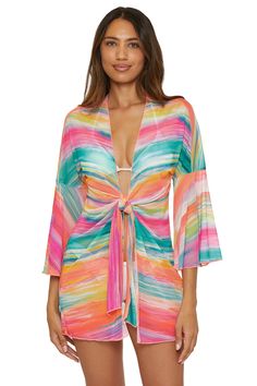 -Tie front cover up -Sheer stretch mesh w/ brush stroke stripe -Plunge neckline | Long bell sleeves -Adjustable tie front sash -34" length high point shoulder -95% Polyester Beach Wardrobe, Mesh Cover Up, Kimono Dress, Romper Pants, Stripe Print, Flutter Sleeve, Women Swimsuits, Womens Scarves, Dress Collection