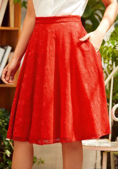 Love is all around you in this vintage-inspired circle skirt from our ModCloth namesake label! Made from a gorgeous red lace adorned in an exclusive hearts design throughout, this fully-lined A-line skirt boasts a high-rise waistline, side-zip closure, and handy side pockets. Finishing below the knee with a 1950s flair, this gorgeous red skirt is a showstopper.100% Poly KnitFabric provides stretch.Fully-lined.Side zip closure.Hidden side seam pockets.Fits true to size.Hand wash cold, lay flat to dry.Imported. Elegant Red Lace Bottoms, Lace Dress With Flared Skirt For Parties, Party Dress With Lace And Flared Skirt, Lace Full Skirt Dress With Lined Skirt, Red Midi Party Dress, Lace Full Skirt Bottoms For Party, Lace Full Skirt For Party, Red A-line Bottoms For Party, Church Girl