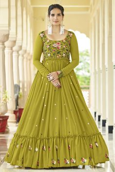 Olive Green Gown, Long Anarkali Gown, Georgette Gown, Long Frock Designs, Shibori Print, Designer Gown, Frock Fashion, Long Frock, Green Gown