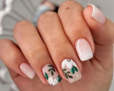 Square Nail Flower Designs, Classy St Patricks Day Nails, Bright Green Nails Designs, Plant Nail Art, Nails Board, Palm Tree Nails, Milky Nails, Her Nails, Pretty Nail Designs