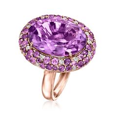 Ross-Simons - 19.80ct t. w. Amethyst Ring, .29ct t. w. Diamonds in Gold. Size 9. Bold and beautiful, this cocktail ring celebrates the power of purple. An ultra-vivid 17.00 carat amethyst oval is bordered by a gorgeous mix of 2.80 ct. t. w. more petite round amethysts and .29 ct. t. w. round brilliant-cut diamonds. Finely crafted in polished 14kt rose gold. 1" wide. Multi-gemstone and amethyst ring. Amethyst birthstones are the perfect gift for February birthdays. Diamond Gifts, Amethyst Cocktail Ring, Amethyst Birthstone, Purple Rings, Purple Gems, Diamond Gift, Fine Jewelery, Coral Jewelry, Bold And Beautiful