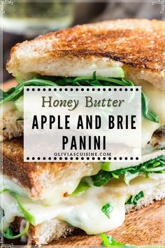 an apple and brie panini on a cutting board with the words honey butter