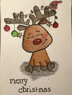 a drawing of a reindeer with christmas decorations on it's head and the words merry christmas