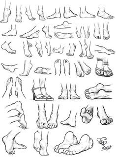 a bunch of feet that are drawn in black and white