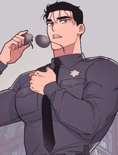 a drawing of a man in uniform holding a microphone and looking at the camera with his hand on his chest