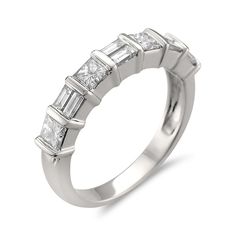 Whatever the occasion, choose this dazzling baguette-cut and princess-cut diamond alternating band to celebrate in style. Created in 14K white gold Pairs of channel-set baguette-cut diamonds alternate with 1/6 ct. channel-set princess-cut diamonds. This band captivates with 1 ct. t.w. of diamonds. Silver Princess Cut Diamond Ring With Baguette Diamonds, Luxury Princess Cut Diamond Ring With Baguette Diamonds, Formal Rectangular Diamond Ring With Baguette Diamonds, Anniversary Square Cut Diamond Ring With Baguette Diamonds, Square Cut Baguette Diamond Anniversary Ring, Formal Rectangular Baguette Diamond Ring, Classic Rectangular Diamond Ring With Baguette Diamonds, Rectangular Baguette Diamond Wedding Ring, Classic Rectangular Baguette Diamond Ring