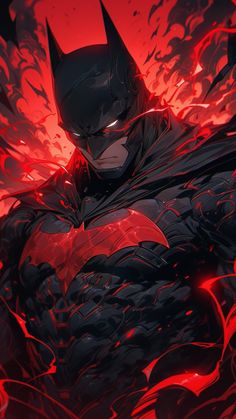 batman in the dark knight suit with red flames around him and his cape is glowing