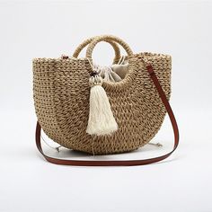 wickedafstore Xanthippe Half Moon Bag Circle Handle, Round Straw Bag, Moon Bag, Round Handle, Straw Beach Bag, Rattan Bag, Woven Tote Bag, Straw Bags, Summer Bag