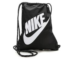 Be ready for your day in a cinch with this eye-catching drawstring athletic bag. The Nike® Heritage Gymsack features side zipper for storage and bold Nike® branding elements for added style! 100% polyester construction and lining, Large main compartment with drawstring closure, Side access pocket with zipper closure, Approx. 17 inches H x 13 inches W when laid flat, Nike® branding details | Nike Heritage Gymsack Drawstring Bag in Black White Sporty Nylon Bag With Drawstring, Sporty Drawstring Gym Bag For Travel, Gym Backpack With Drawstring, Casual Nylon Bag With Logo, Casual Black Nylon Drawstring Bag, Functional Drawstring Bags For Outdoor Activities, Functional Gym Backpack With Drawstring, Nike Casual Bags For Outdoor Activities, Sports Nylon Gym Bag With Drawstring