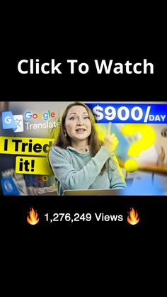 a woman is talking on her cell phone with the text click to watch $ 900 / day