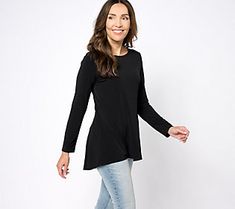 Simply styled in the front, this flattering Liquid Knit tunic features a fab surprise along the center back -- a button placket leading to a peplum detail. From Susan Graver. Fitted Fall Blouse With Shirttail Hem, Casual Stretch Tunic For Fall, Casual Fall Tunic, Spring Workwear Fitted Tunic, Spring Fitted Top With Curved Hem, Fitted Spring Top With Curved Hem, Fitted Top With Curved Hem For Spring, Casual Fitted Tunic With Asymmetrical Hem, Casual Fitted Tunic Top