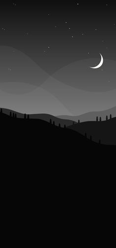 a black and white landscape with the moon in the night sky above it, as well as trees