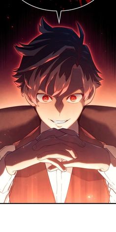 an anime character with red eyes and black hair is looking at the camera while holding his hands