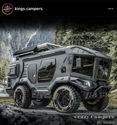 an armored vehicle is parked in front of a mountain range with the caption king's campers