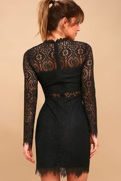 Appetite for Seduction Black Lace Long Sleeve Dress Long Sleeve Bodycon Lace Dress, Fitted Lace Dress With Sheer Sleeves For Date Night, Stretch Long Sleeve Lace Party Dress, Stretch Long Sleeve Lace Dress For Party, Stretch Lace Dress With Long Sleeves For Party, Lace Dress With Sheer Sleeves For Night Out, Chic Fitted Lace Dress With Sheer Sleeves, Elegant High Neck Lace Dress, Elegant High Neck Lace Dress With Lace Trim