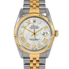 SKU#: 16013-WMOP-FDR-FLT-JBLPre-Owned Rolex 16013 Men's 36mm Datejust Watch, Custom White Mother of Pearl Full Diamond Roman Dial & Rolex Yellow Gold Fluted Bezel on Rolex Yellow Gold & Stainless Steel Jubilee Band Model#: 16013 Case: Rolex 36mm Stainless Steel Case Movement: Rolex Automatic 3035 Caliber Dial: Custom White Mother of Pearl Dial with Full Diamond Roman Hour Markers (Not Made by Rolex) Bezel: Rolex Yellow Gold Fluted Bezel Band: Rolex Yellow Gold & Stainless Steel Jubilee Band This Luxury White Diamond Watch With Date Display, White Luxury Diamond Watch With Date Display, White Diamond Watch With Date Display, White Diamond Watch With Date Display For Anniversary, Classic White Diamond Watch With Date Display, Luxury White Watch Accessories With Date Display, Anniversary White Watch With Date Indicator, Timeless White Diamond Watch With Date Indicator, White Watch With Date Display For Anniversary