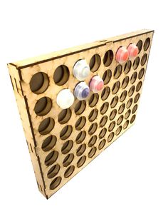 a wooden four - sided game board with six different colored dots on it's sides