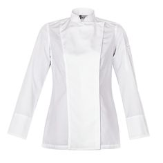 OSMOSE - Women's White Long Sleeve Fitted Chef Jacket French Women’s Chef fitted coat jacket, rounded mandarin collar, hidden snap buttons, welt pocket on the chest and left sleeve, side slits. Fabric 50% polyester 50 % Lyocell (natural fiber made of wood pulp). Available with long sleeves only from size T00 to T6. (see conversion chart) Men's Version: Epure Professional Long Sleeve Outerwear With Concealed Placket, Tailored Long Sleeve Nehru Jacket For Workwear, Tailored Nehru Jacket With Long Sleeves For Work, Classic Nehru Jacket With Stand Collar For Work, Classic Long Sleeve Fitted Nehru Jacket, Classic Fitted Nehru Jacket With Long Sleeves, White Professional Long Sleeve Outerwear, Professional White Long Sleeve Outerwear, Clements Design