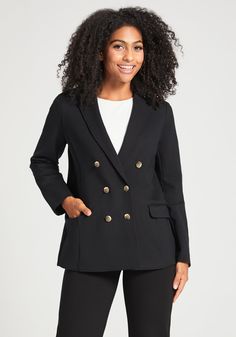 Breeze through your workday in the Double-Breasted Blazer, where fashion meets function. Enjoy the comfort of 4-way stretch fabric, the convenience of wrinkle resistance, and the utility of two pockets. Of course, they match back perfectly to your favorite Dress Pant Yoga Pants. Relaxed, boxy fit through chest, waist and hips. Featuring two functional welt pockets, 6-button placket detail, and a vent at the back hem. 28 inches from top of shoulder to hem, 24-inch sleeves (size small). Model wear Versatile Stretch Outerwear For Work, Casual Outerwear For Work, Bust A Move, Blazer Black, 4 Way Stretch Fabric, Breasted Blazer, Double Breasted Blazer, Dress Pant, Black Blazers