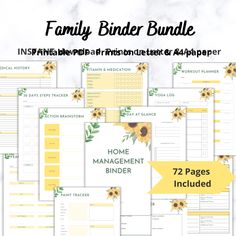 the printable family binder bundle is shown with sunflowers