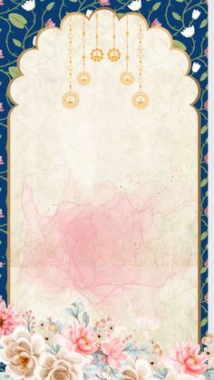 an ornate frame with flowers and pearls hanging from the ceiling, on a blue background