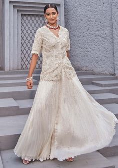 Nidhika Shekhar-Ivory Embroidered Sharara Set-INDIASPOPUP.COM Crinkle Sharara, Ivory Outfit, Embroidered Sharara, Kurta Sharara Set, Kurta Sharara, Embroidered Dupatta, Sharara Set, Tailored Design, Fashion App