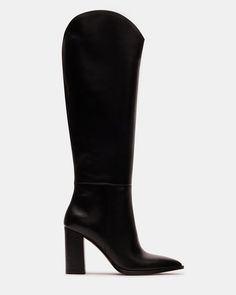 A pointed toe and curved topline give the BIXBY block heel knee boot a Western edge while the sleek upper highlights the clean monochrome look Point toe block heel knee boot Slip-on style Curved topline 3.5 inch heel height Size 6 measurements: 15.5 inch shaft circumference, 14.25 inch shaft height Size 8 measurements: 16 inch shaft circumference, 15 inch shaft height Size 10 measurements: 17 inch shaft circumference, 15.5 inch shaft height Leather upper material Synthetic and textile lining Syn Black Dress Boots, Long Black Boots, Black Leather Knee High Boots, Shoes Socks, Thigh Boots, Winter 23, Black Block Heels, Future Style, Knee Boot