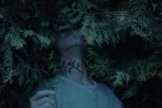 a man hiding in the branches of a tree with his face obscured by leaves on his chest