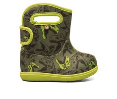 Neo-Tech waterproof rubber & fabric upper, Pull on for easy entry, Flat sole, Round closed toe, BLOOM eco-friendly, algae-based EVA footbed that helps clean polluted water habitats, Slip-resistant rubber sole,100% Waterproof, insulated, machine washable | Boys' Bogs Footwear Toddler Baby Bogs II Dino Rain Boot in Dark Green Mult Size 8 - Toddler Kids Rain Boots, Baby Boots, Rain Boot, Biotechnology, Boy Shoes, Waterproof Boots, Velcro Straps, Accessories Store, Back Strap